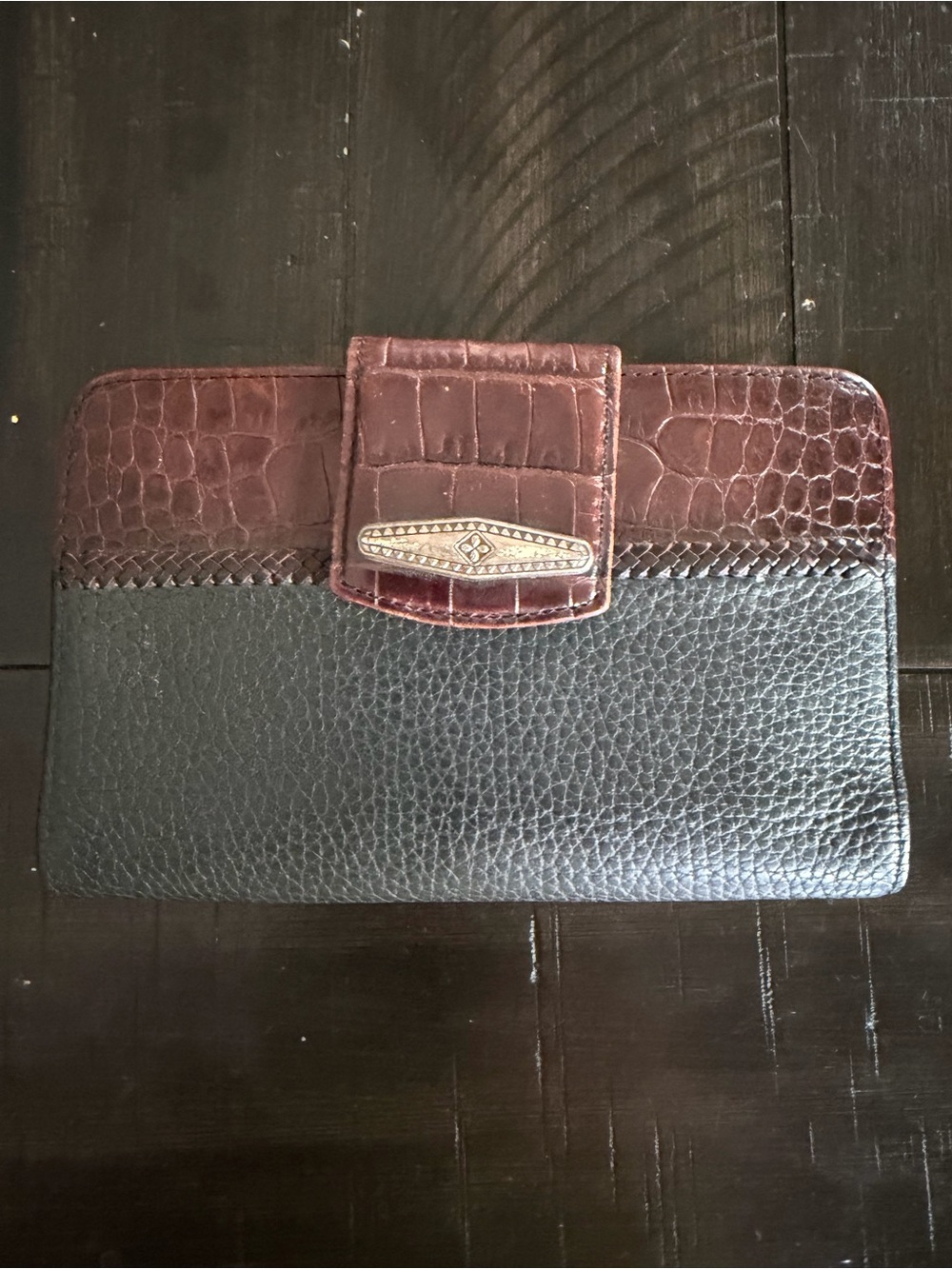 Brighton Wallet Checkbook ID Card Holder Black Brown Croc Embossed Coin Purse